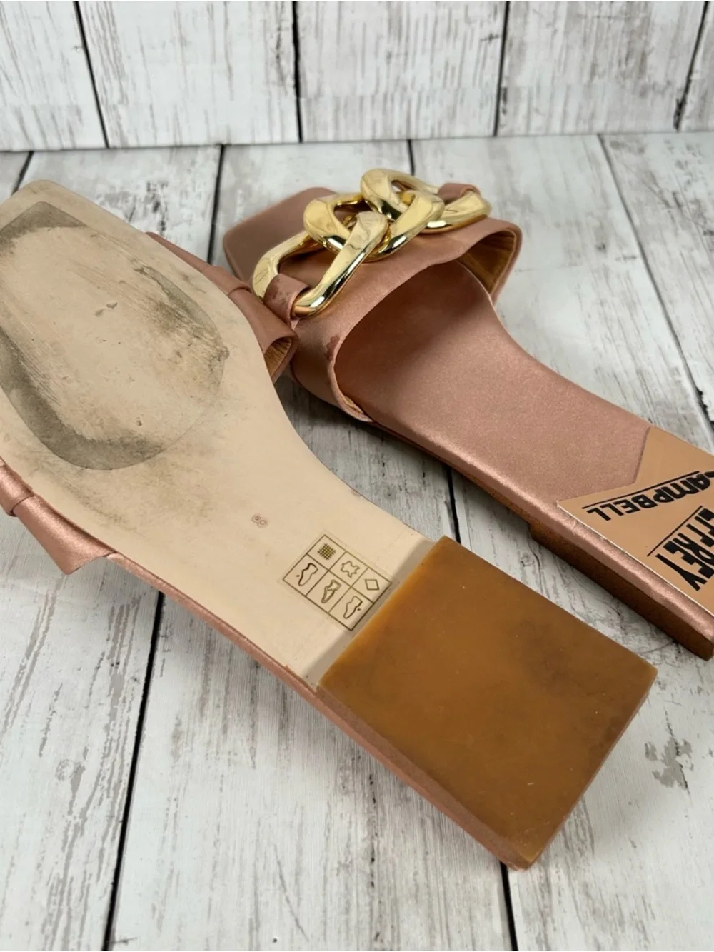 Jeffrey Campbell Park Chain Slide Flat Evening Sandals in Rose Gold Satin Size 8
